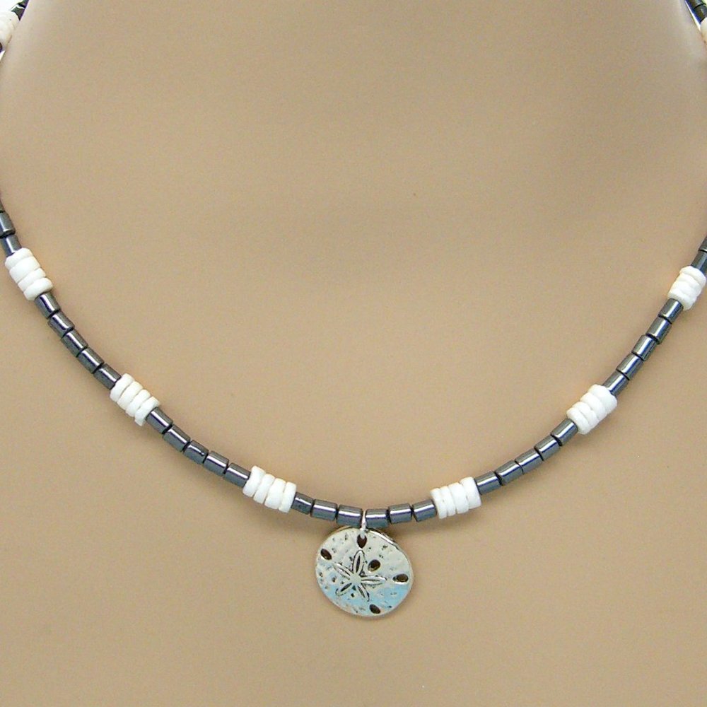 Sand Dollar Necklace Black Glass White Puka Shells 18" 7088-13